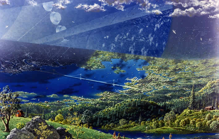 Künstlerische Darstellung des Inneren eines O’Neill-Zylinders, die die Krümmung der Innenfläche zeigt